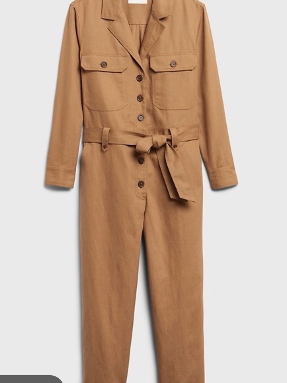 camel-colored Banana Republic Heritage Safari Cotton-Linen Cropped Jumpsuit
